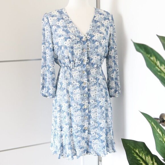 Rails Blue Floral Button Front V-neck Ruffle Hem Mini Dress Size XS - Picture 7 of 11